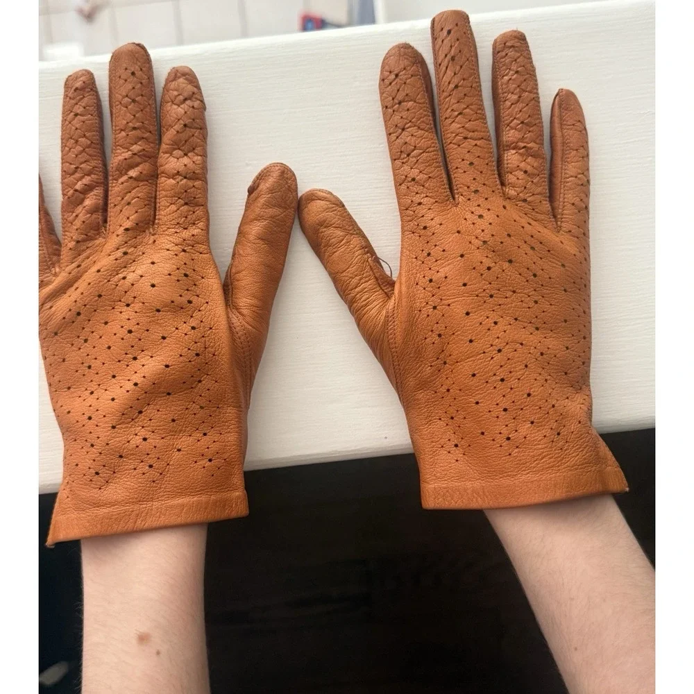 Vintage‎ Women's Orangish Brown Soft Leather Driving Riding Gloves Sz SM 6-6.5
